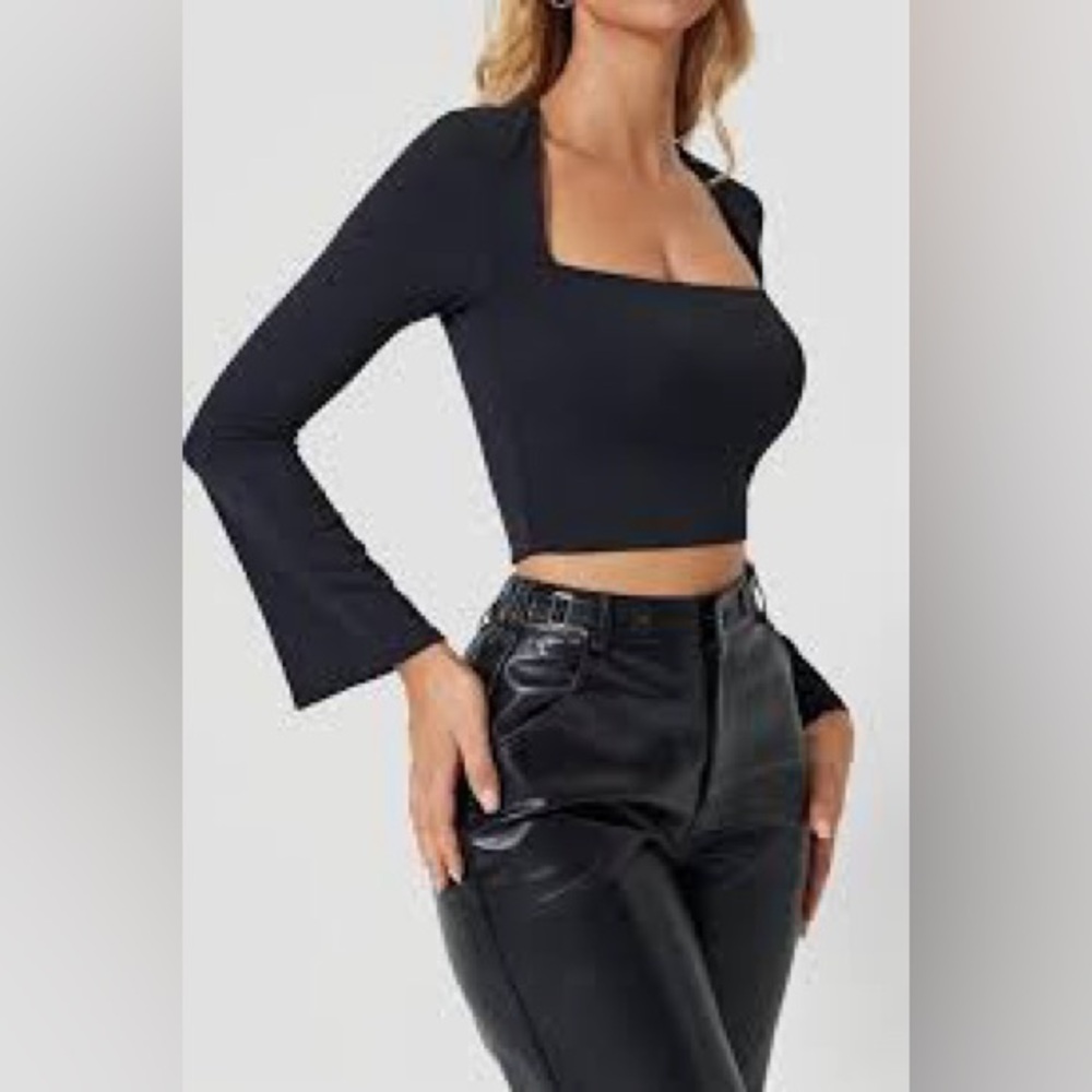 Women's Square Neck, Bell Long Sleeve, Stretchy, Crop Top, Black, Size Lg